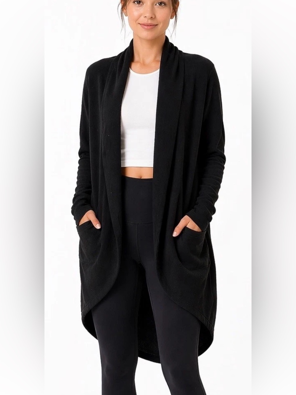 Athleta Cocoon Wrap Cardigan XS Black Open Front Drape Sweater